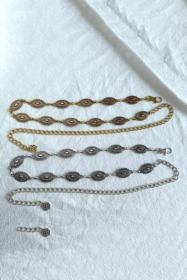 Retro Geometric Metal Waist Chain – Gold & Silver