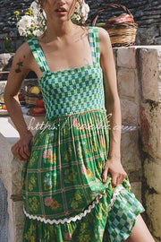 Ric Rac Trim Smocked Bust Lace-Up Maxi Dress