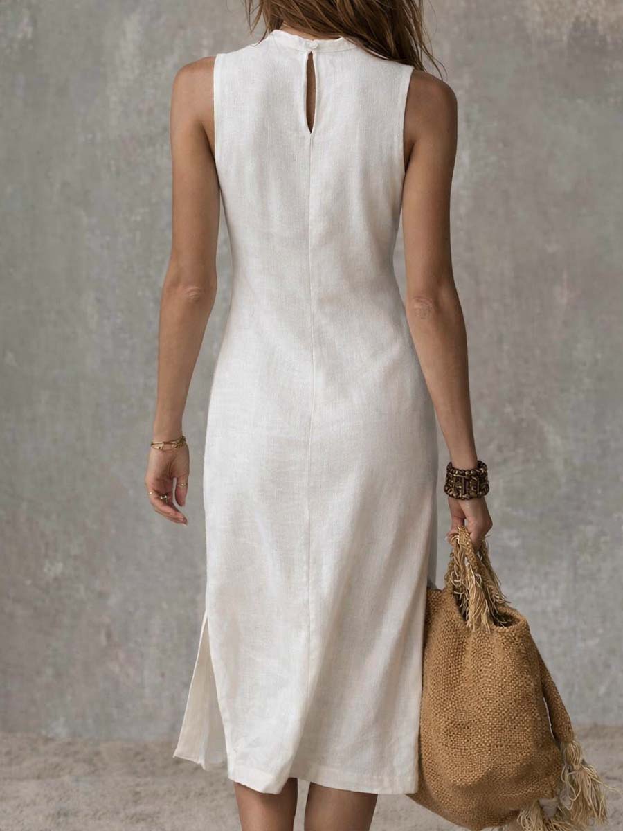Cotton Linen Midi Dress with Stand Collar & Split Hem