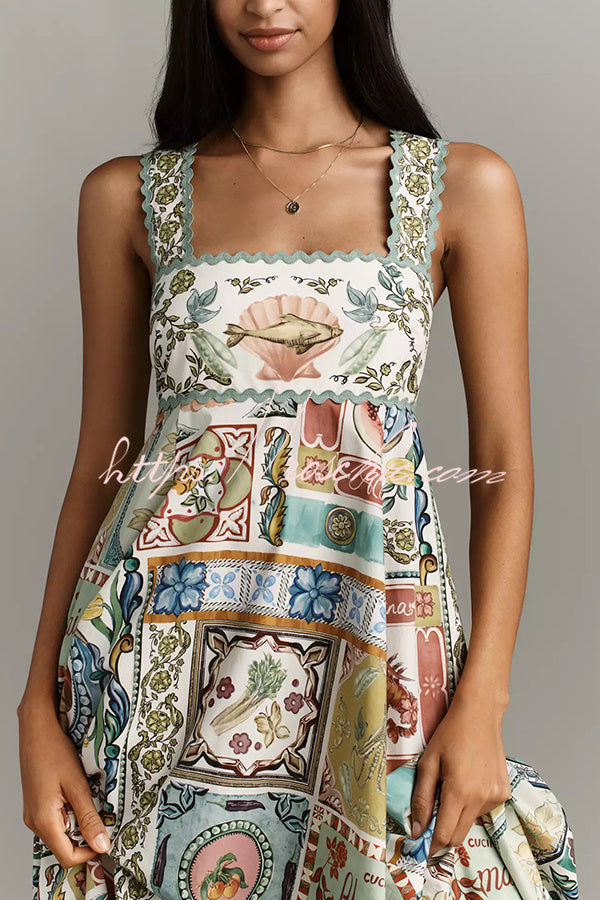Linen Blend Smocked Maxi Dress with Scalloped Back Detail