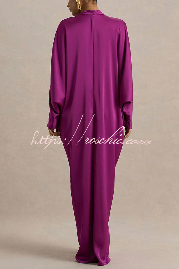 Satin Plunge V-Neck Maxi Dress with Gold Trim & Batwing Sleeves