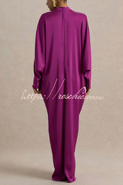 Satin Plunge V-Neck Maxi Dress with Gold Trim & Batwing Sleeves