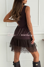 Tulle Lace Tiered Hem Sleeveless Mini Dress
