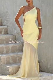 Satin One-Shoulder Maxi Dress with Chiffon Fishtail Hem
