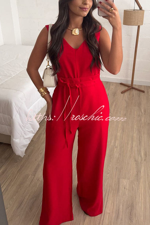 Linen Blend Wide-Leg Jumpsuit with V-Neck & Tie Waist