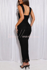 Sweetheart Neck Mesh Ruched Maxi Dress – Sleeveless Party Wear