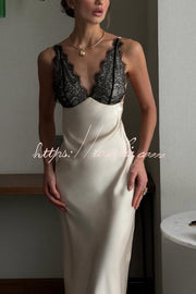 Satin Lace Patchwork Backless Maxi Dress – Slim Fit