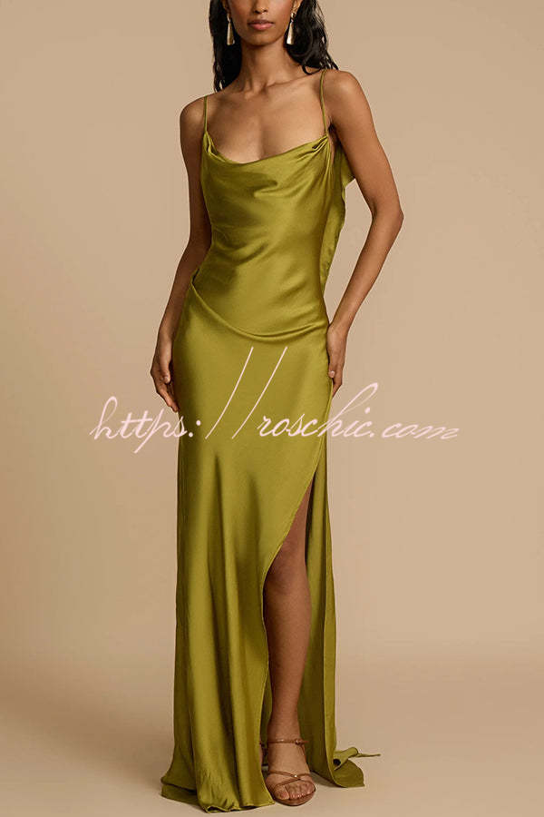 Satin Cowl Neck Backless Bias Cut Maxi Dress – Pistachio