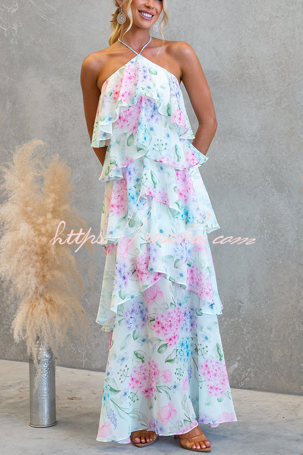 Chiffon Floral Print Halter Maxi Dress with Tiered Ruffles