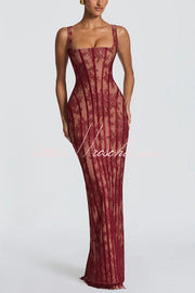 Floral Lace Square Neck Lace-Up Slit Maxi Dress
