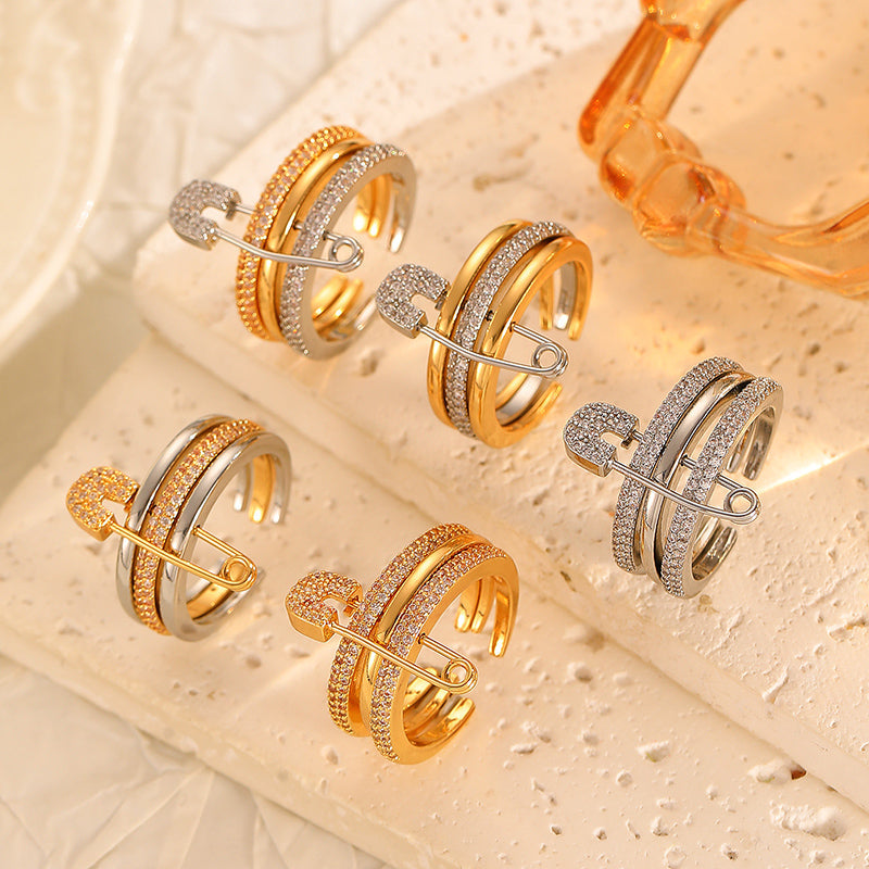 Three-Color Geometric Open Ring with Detachable Brooch Pin