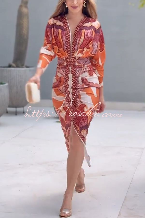 Printed Dolman Sleeve Ruched Midi Dress with Side Slit