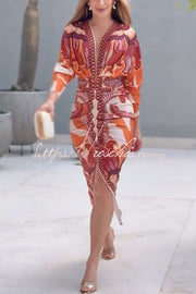 Printed Dolman Sleeve Ruched Midi Dress with Side Slit