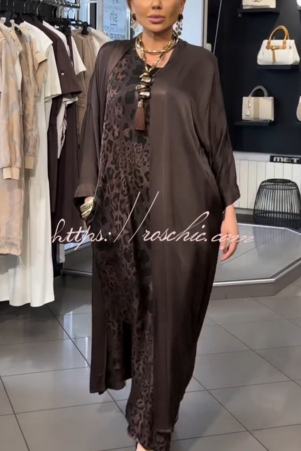 Satin Leopard Print Maxi Dress & Batwing Kimono Two-Piece Set