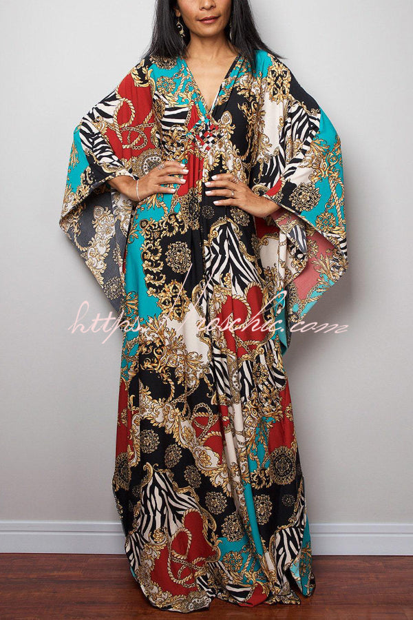 Printed Batwing Sleeve Loose Maxi Dress for Vacation