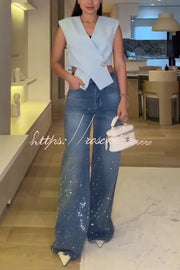 Jean droit ample taille haute en strass avec poches