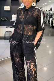 Lace Trim Short Sleeve Shirt & Loose Pants Set