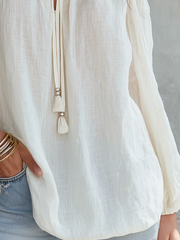 Ivory Tie-Neck Peasant Blouse with Long Sleeves