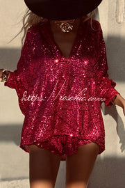 Ensemble haut à manches longues et short à taille élastique à paillettes et col en V