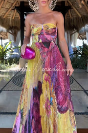Robe longue plissée sans manches à col en cœur et imprimé floral