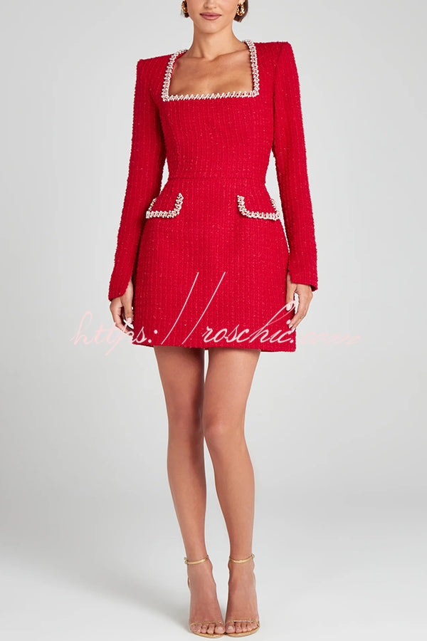 Tweed Pearl Trim Mini Dress with Long Slit Sleeves & Pockets