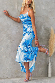 Floral Mesh One Shoulder Ruched Maxi Dress
