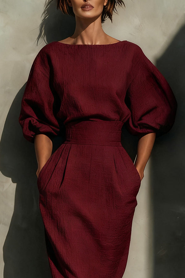 Puff Sleeve High-Waisted Midi Dress with Pockets