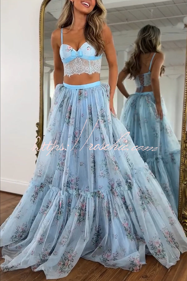 Satin Bow Lace-Back Crop Tank & Tulle Maxi Skirt Set