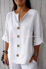 Women's V-Neck Loose Button Top – 3/4 Sleeve Casual Blouse