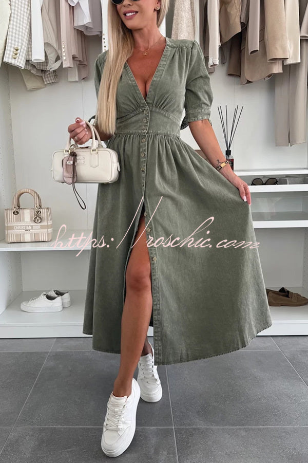 Denim Midi Dress V-Neck Button-Down Half Sleeve Loose Fit
