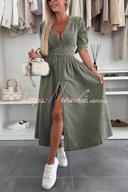 Denim Midi Dress V-Neck Button-Down Half Sleeve Loose Fit