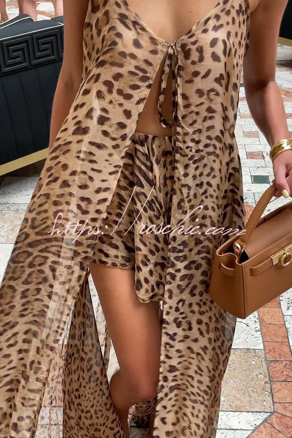 Leopard Print Tie-Up Top & Shorts Set – Vacation Two-Piece