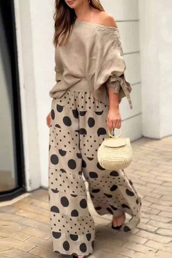 Polka Dot Wide Leg Pants & Tie-Cuff Top Two-Piece Set
