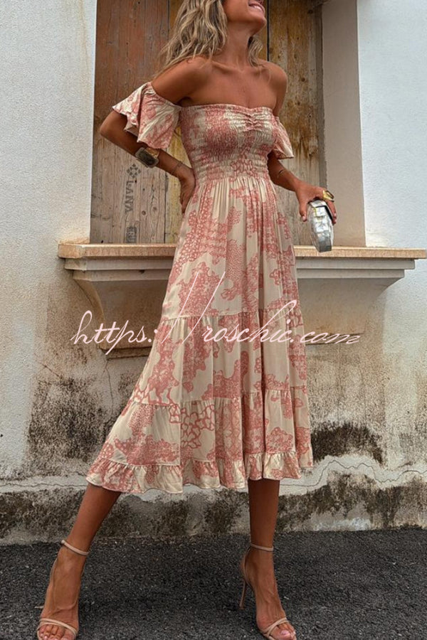 Printed Off-Shoulder Smocked Midi Dress with Ruffle Sleeves