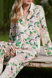 Swan Crane Printed Long Sleeve Two-Piece Set