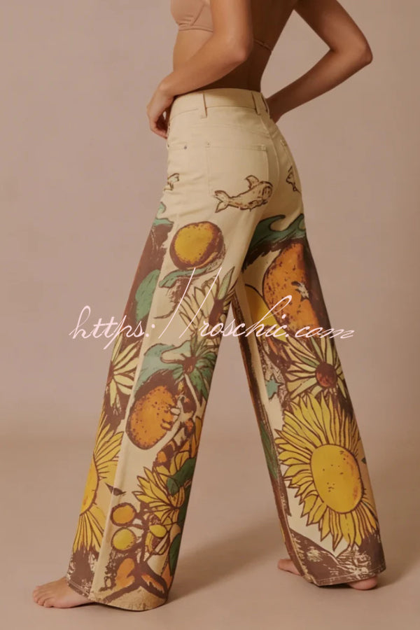 Doodle Print Wide Leg Jeans – Mid Rise, Loose Fit