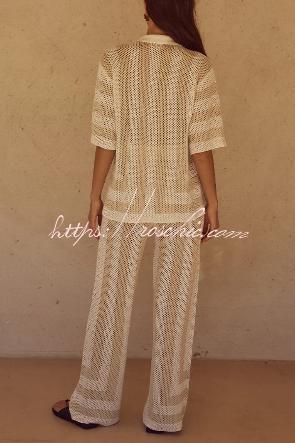 Knit Collared Short-Sleeve Top & Elastic Waist Pants Set