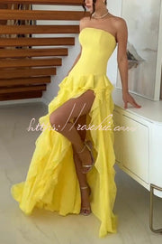 Off-Shoulder Maxi Dress with High Slit and Ruffle Detail