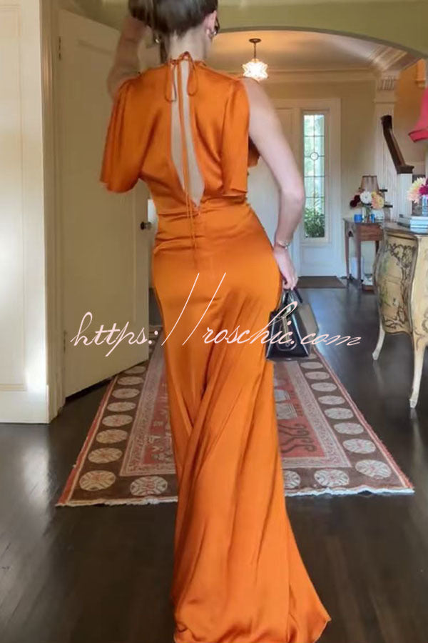 Satin Maxi Dress Short Sleeve Ruched Waist V-Back Gown