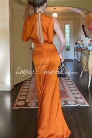 Satin Maxi Dress Short Sleeve Ruched Waist V-Back Gown