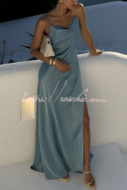 Satin Draped Neck Backless Ruffle Slit Maxi Dress