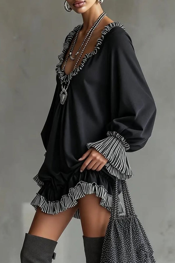 Patchwork Ruffle Mini Dress | Loose Long-Sleeve V-Neck