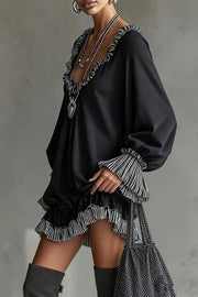 Patchwork Ruffle Mini Dress | Loose Long-Sleeve V-Neck