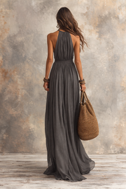 Bohemian Draped Halter Maxi Dress with Flowing Skirt
