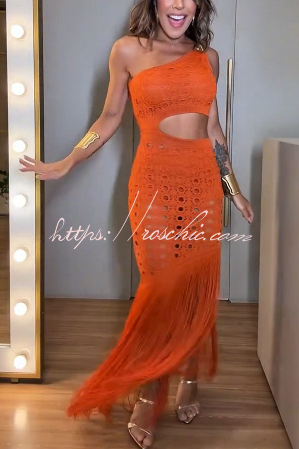 One Shoulder Knit Maxi Dress with Cutout Waist & Tassel Hem