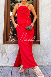 Linen Blend Floral Embellishment Maxi Dress with Pockets