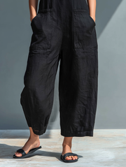 Women's Minimalist Linen Blend Button-up Stand-collar Sleeveless Loose Jumpsuit MDZ2725A5Y