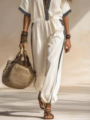 Wide-Leg Boho Jumpsuit With Contrast Trim