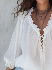 White Lace-Up Boho Blouse with Eyelet Trim
