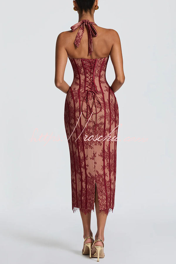 Floral Lace Halter Midi Dress with Lace-Up Open Back